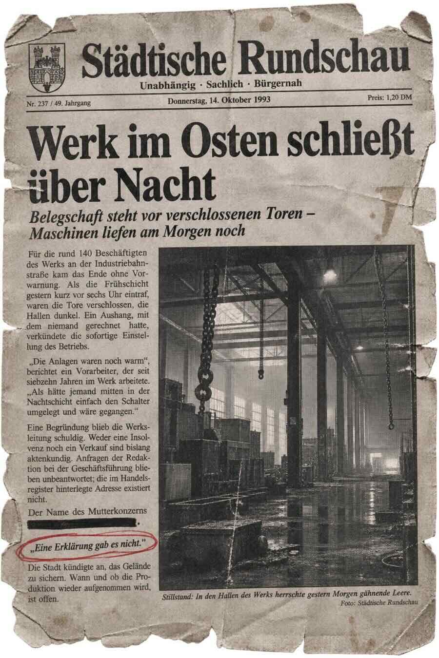 Zeitungsausschnitt von 1993: Werk im Osten schließt über Nacht