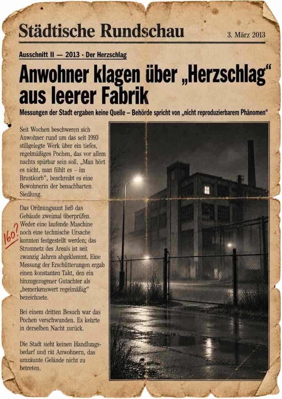 Zeitungsausschnitt von 2013: Anwohner klagen über Herzschlag aus leerer Fabrik
