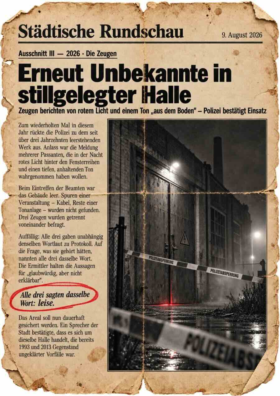 Zeitungsausschnitt von 2026: Erneut Unbekannte in stillgelegter Halle